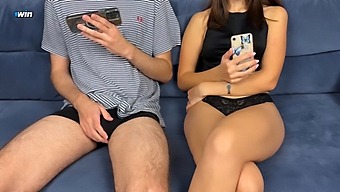 Stepbrother Joins Stepsister In Watching Porn And Masturbates Together, But She Gives Him A Handjob And Squirts On His Big Dick, Leading To A Fingering Orgasm
